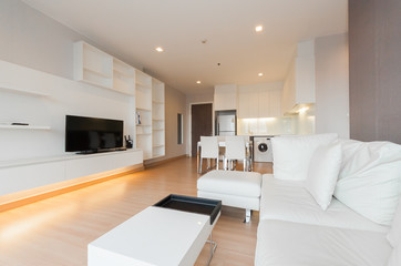 Modern living room and kitchen in small apartment