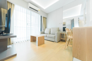 Modern living room and kitchen in small apartment