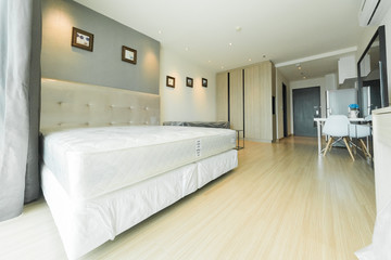 Fototapeta na wymiar Interior of a spacious bedroom in loft apartment 