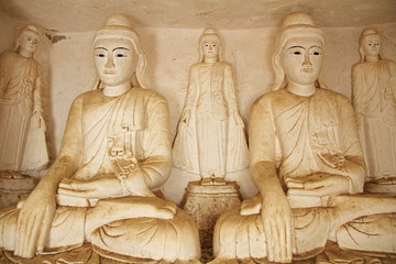 Old Buddha statues at Pho Win Taung Caves, Monywa city, Sagaing State, Myanmar, Asia.