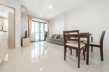 Modern living room and kitchen in small apartment