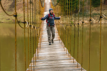 the way over the hanging bridge over the spring river