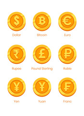 World currency symbols. Gold coins with signs: dollar, bitcoin, euro, rupee, pound sterling, ruble, yen, yuan, franc. 