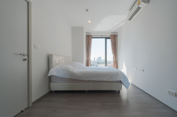 Bedroom interior, evening lighting