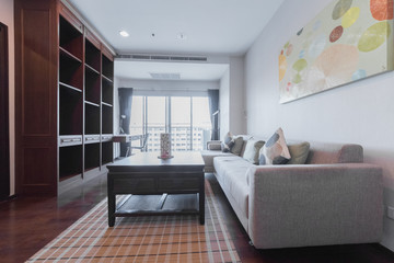 Beautiful and large living room interior with hardwood floors