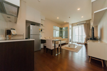 Beautiful and large living room interior with hardwood floors
