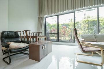 Beautiful and large living room interior with hardwood floors