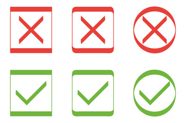 Set of Modern Check Mark Icons in Red, Green Monochrome Colors Isolated on White Background.