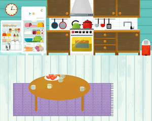 cartoon scene with colorful family kitchen - illustration for children