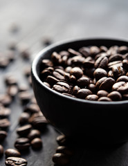 coffee beans on the black bowl macro close up window light l front