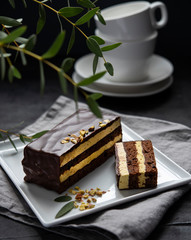 delicious chocolate mozart cake with pistachious on square plate morning light  window dark background