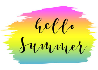 Handwritten text hello Summer vector banner design on transparent background. Calligraphy greeting card. Lucky for logo, badge, icon, banner, poster, sticker, postcard, card, invitation.