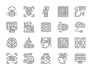 Set of Artificial Intelligence Line Icons. Chatbot, Big Data, Database and more.