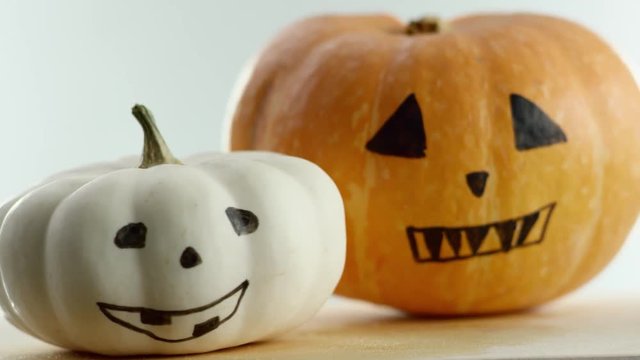 video shows two painted pumpkins, white background, the focus is adjusted