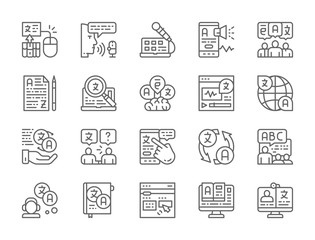 Set of Language Translation Line Icons. Education, Chat, E-book, Radio and more.
