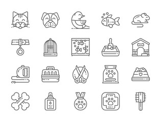 Set of Pet Shop Line Icons. Cat, Dog, Bird, Parrot, Fish, Mouse and more.