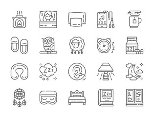 Set of Sleep Line Icons. Aroma Lamp, Bed, Pillow, Headphone, Hot Tea and more.