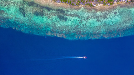 Aerial view of Filipino boats floating on top of clear blue waters, Moalboal is a deep clean blue...