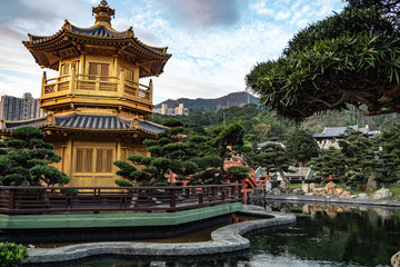 Golden Pavilion in Nan Lian Garden is the peaceful temple for visit in Hong Kong China
