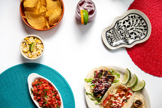 Overhead table shot of Mexican food
