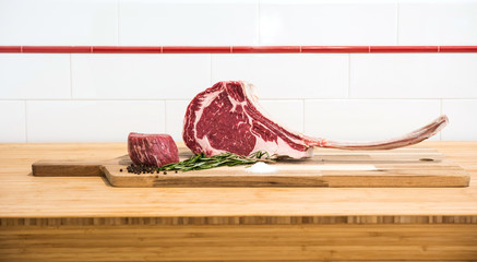 Raw meat on a wood cutting board