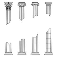 destroyed historic Greek antique columns with capitals of different orders and with place for text