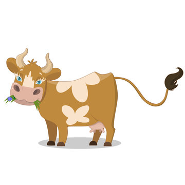 Cute brown spotted cow, funny farm animal cartoon character vector Illustration on a white background.
