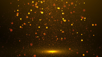 Golden abstract sparkles or glitter lights. Festive gold background. Defocused circles bokeh or particles. Template for design