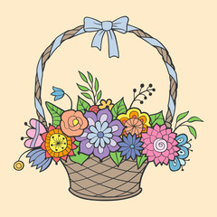 Basket of flowers with handle decorated with ribbon and bow. Colored vector illustration