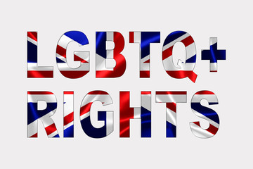 Fototapeta na wymiar LGBTQ+ Rights Words over British Flag.