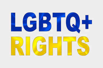 LGBTQ+ Rights Words over Ukrainian Flag.