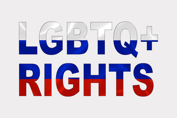 LGBTQ+ Rights Words over Russian Flag.