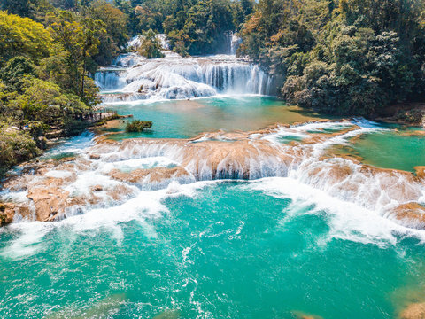 Aerial view of the majestic turquoise waterfalls at Agua Azul in Chiapas, Mexico