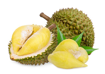 durian fruit with leaves isolated on white background