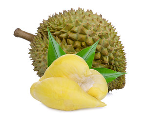 durian fruit with leaves isolated on white background