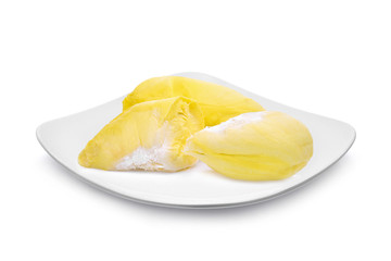 yellow durian fruit in the white plate isolated on white background