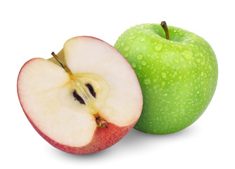 green whole apple and half red apple isolated on white background