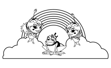 beautiful magic fairies with toad prince and rainbow scene