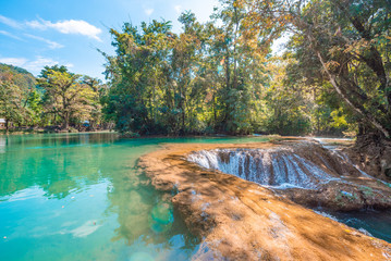 Panoramic view of the turquoise waterfalls at Agua Azul in Chiapas, Mexico