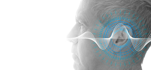 Hearing test showing ear of senior man with sound waves simulation technology - obrazy, fototapety, plakaty