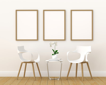 Three empty photo frame for mockup in modern living room, 3D render, 3D illustration