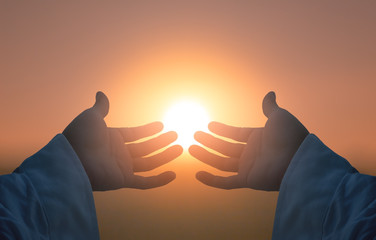 Peace concept: Silhouette Jesus Christ open spiritual hands