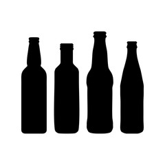 Silhouettes of different glass beer bottles, water, oil oliv. Set bottles silhouettes in different shapes.