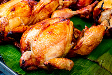 BAKE CHICKEN - STREET FOOD : BAKE WHOLE CHICKEN LAYING ON GREEN BANANA LEAF - HALAL FOOD