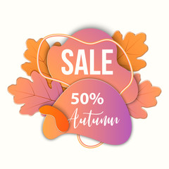 Template design banner with discount for autumn season. Poster special autumn offer sale with paper leaf. Abstract colorful shapes, dynamic composition. Modern style.