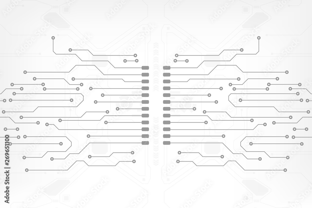 Aufkleber Circuit board grayscale tone futuristic digital technology communication system background template vector design. HUD element technology control panel texture illustration.