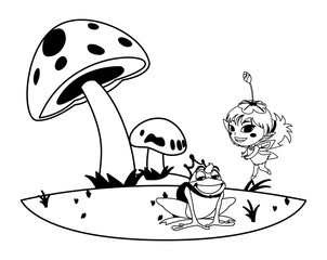 beautiful magic fairy with toad prince in the garden