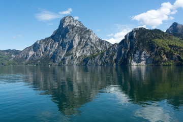 Traunstein Mountain reflection in Lake Traunsee, Austria