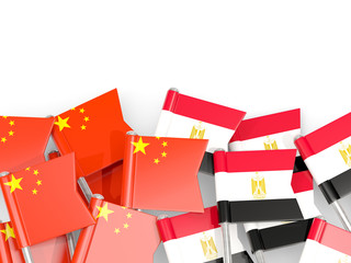 Fototapeta na wymiar Pins with flags of China and egypt isolated on white.