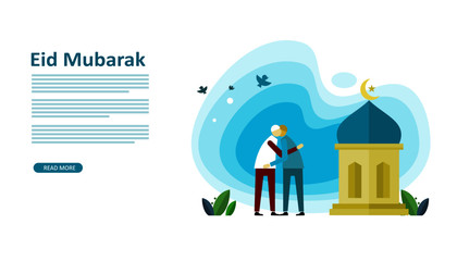 Happy eid mubarak or ramadan greeting with people character. template for web landing page, banner, presentation, social, poster, ad, promotion or print media